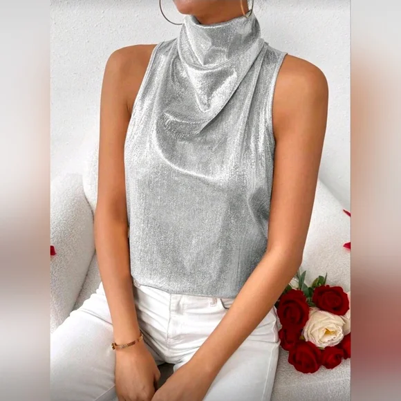 LUNE Metal-Tone Stand Collar Ruched Tank Top - Picture 5 of 6